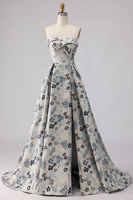 Blue Flower Strapless A Line Printed Long Prom Dress with Slit sold by Zapaka