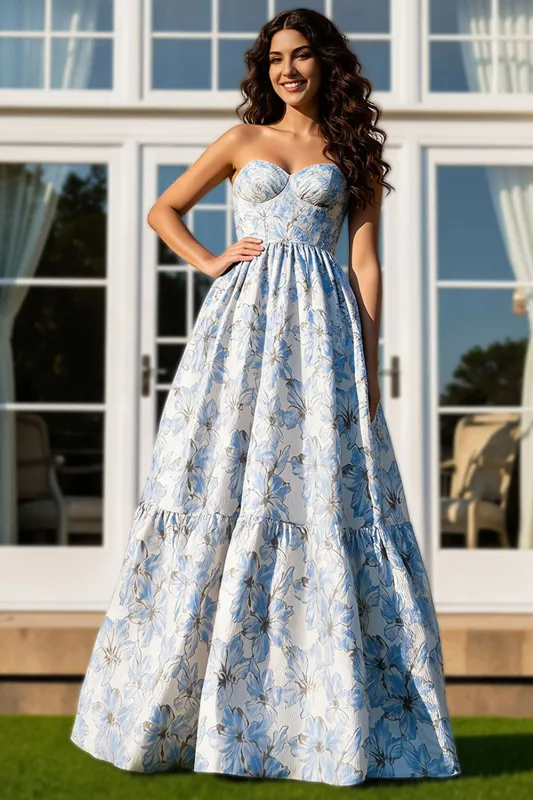 Light Blue Strapless A-Line Satin Print Floral Long Prom Dress sold by Zapaka