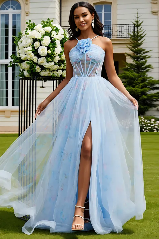 Light Blue Floral A-Line Lace Up Back Corset Long Prom Dress with Slit sold by Zapaka