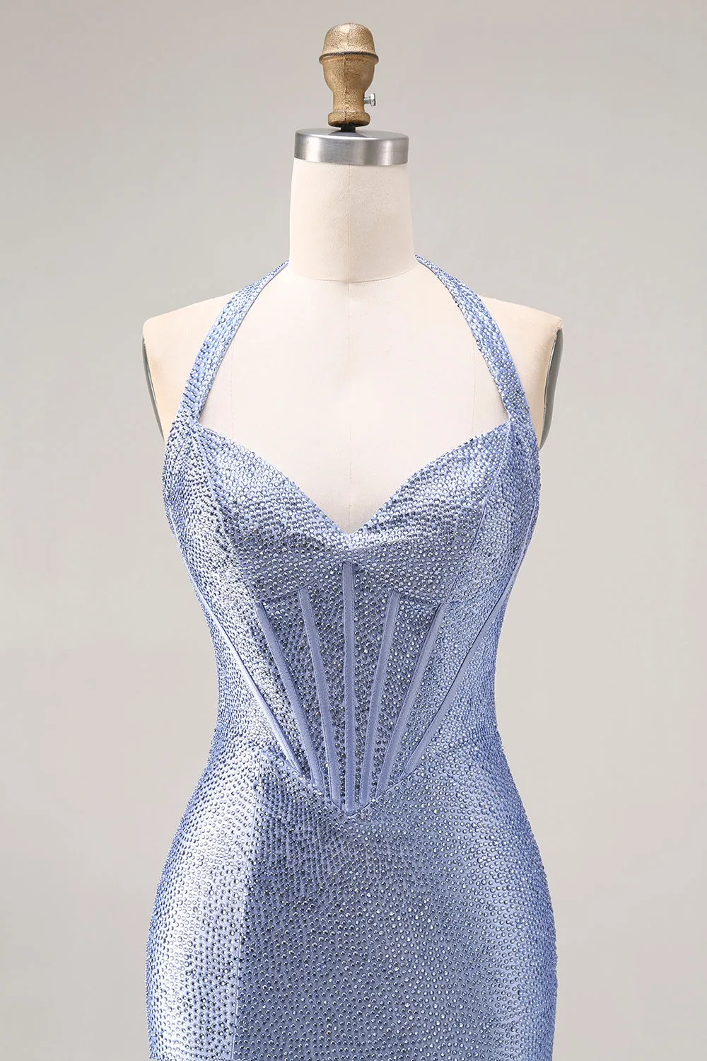 Light Blue Mermaid Halter Beaded Corset Long Prom Dress with Slit sold by Zapaka product image thumbnail 4