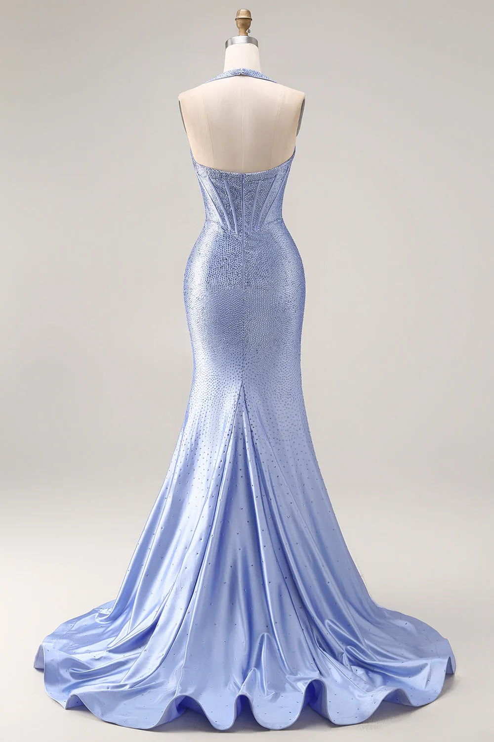 Light Blue Mermaid Halter Beaded Corset Long Prom Dress with Slit sold by Zapaka product image thumbnail 2