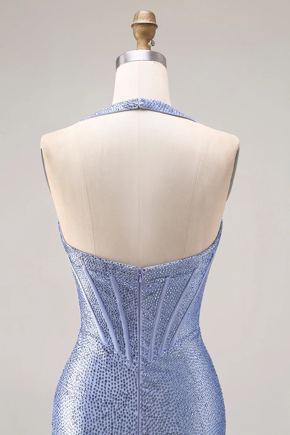 Light Blue Mermaid Halter Beaded Corset Long Prom Dress with Slit sold by Zapaka product image thumbnail 5