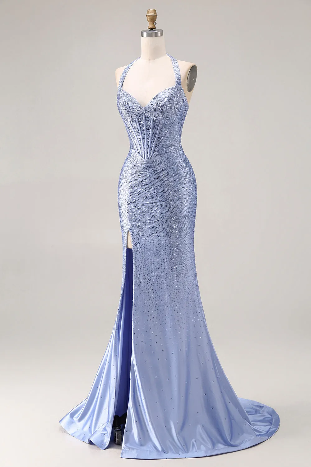 Light Blue Mermaid Halter Beaded Corset Long Prom Dress with Slit sold by Zapaka product image thumbnail 3