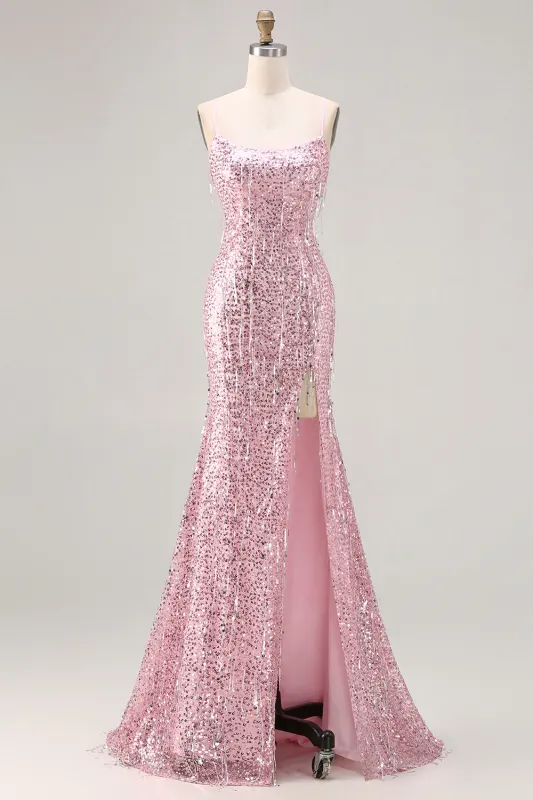 Sparkly Pink Mermaid Lace Up Back Sequin Long Prom Dress with Slit sold by Zapaka