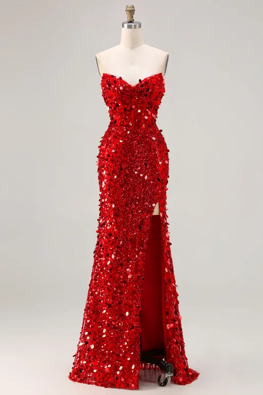 Sparkly Red Strapless Sheath Sequins Corset Long Prom Dress with Slit sold by Zapaka