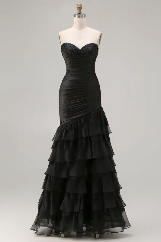 Black Sweetheart Mermaid Beaded Long Prom Dress with Ruffles sold by Zapaka