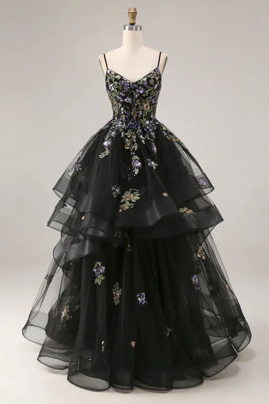 Princess Black Sequins Lace Up Back Long Prom Dress with Ruffles made by Zapaka