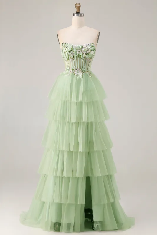 Strapless Green A Line Corset Tiered Ruffle Tulle Long Prom Dress with Slit sold by Zapaka