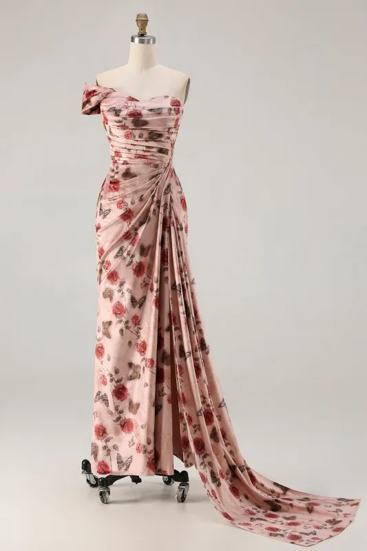 One Shoulder Sheath Blush Floral Print Long Prom Dress with Train sold by Zapaka