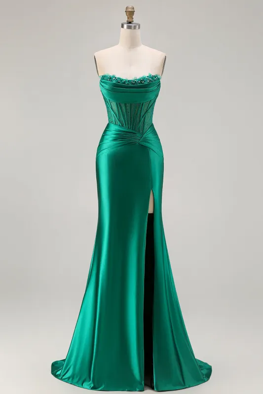 Dark Green Strapless Mermaid Corset Beaded Long Prom Dress with Slit sold by Zapaka