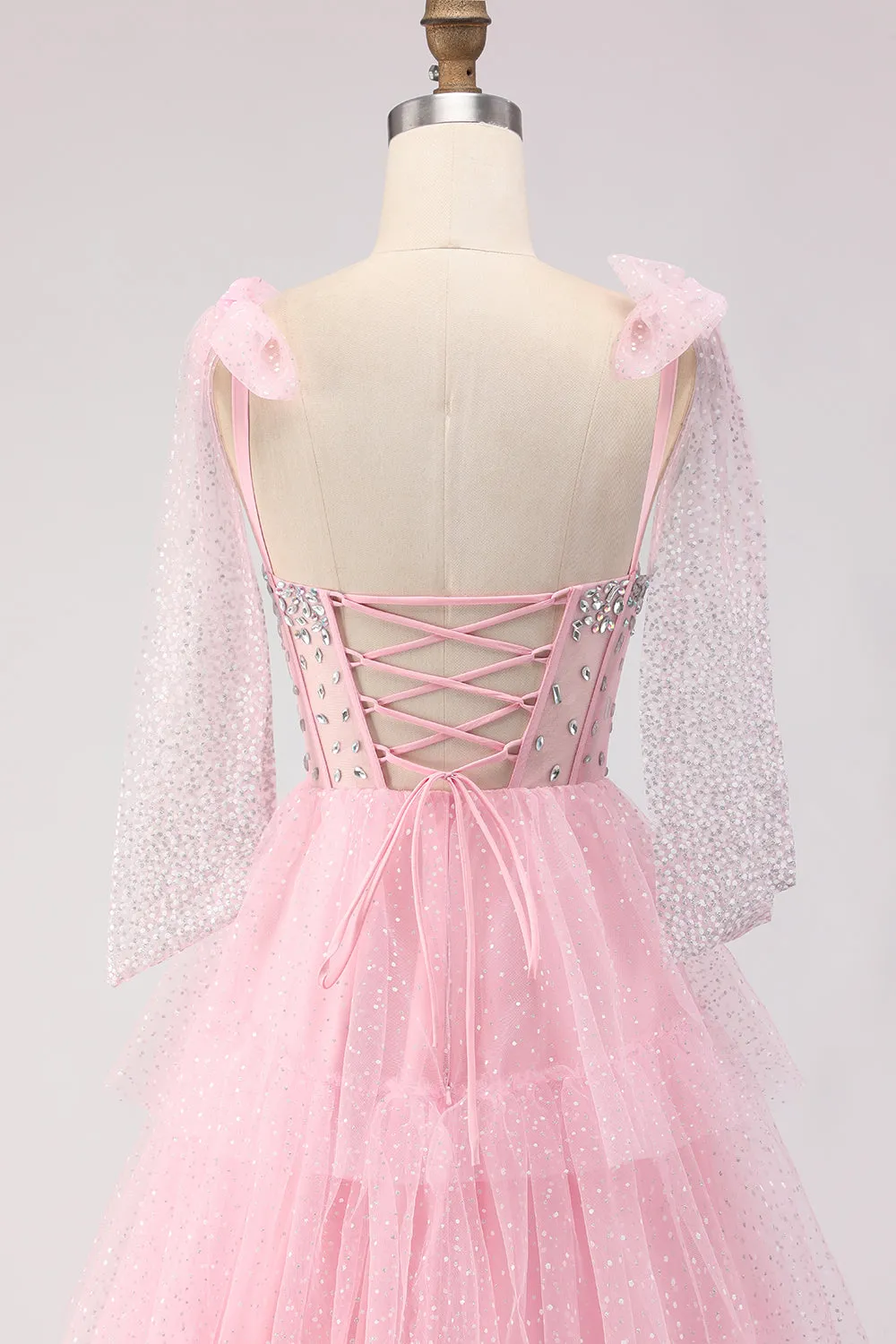 Pink A Line Corset Ruffled Beaded Long Prom Dress with Lace Up Back sold by Zapaka product image thumbnail 5