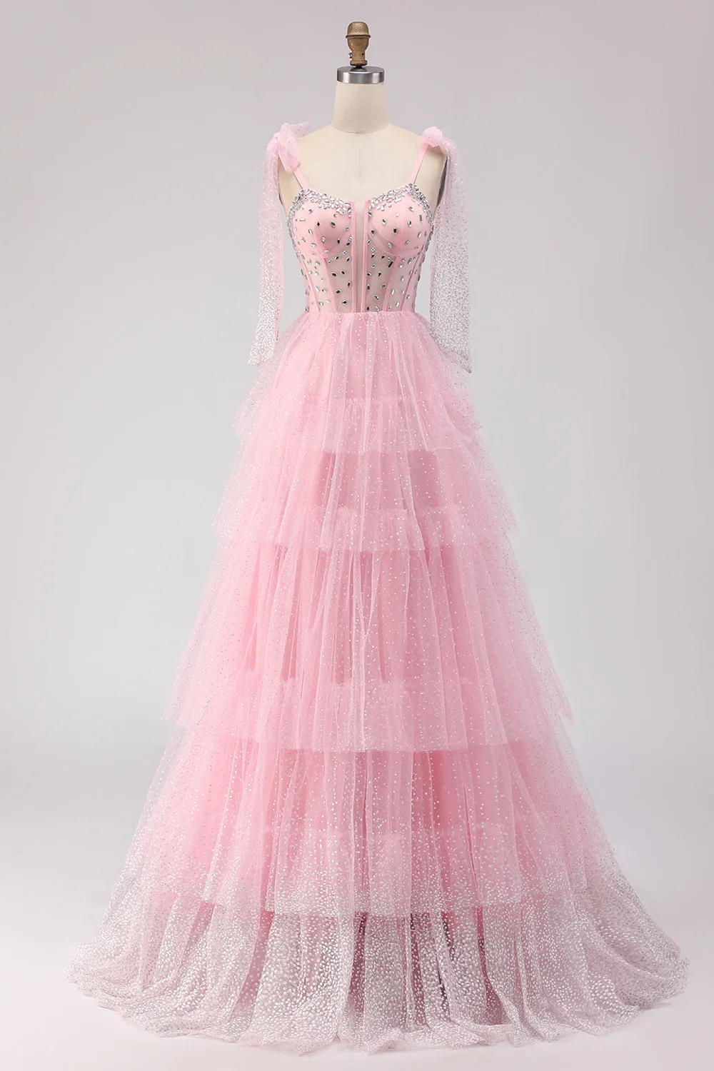 Pink A Line Corset Ruffled Beaded Long Prom Dress with Lace Up Back sold by Zapaka