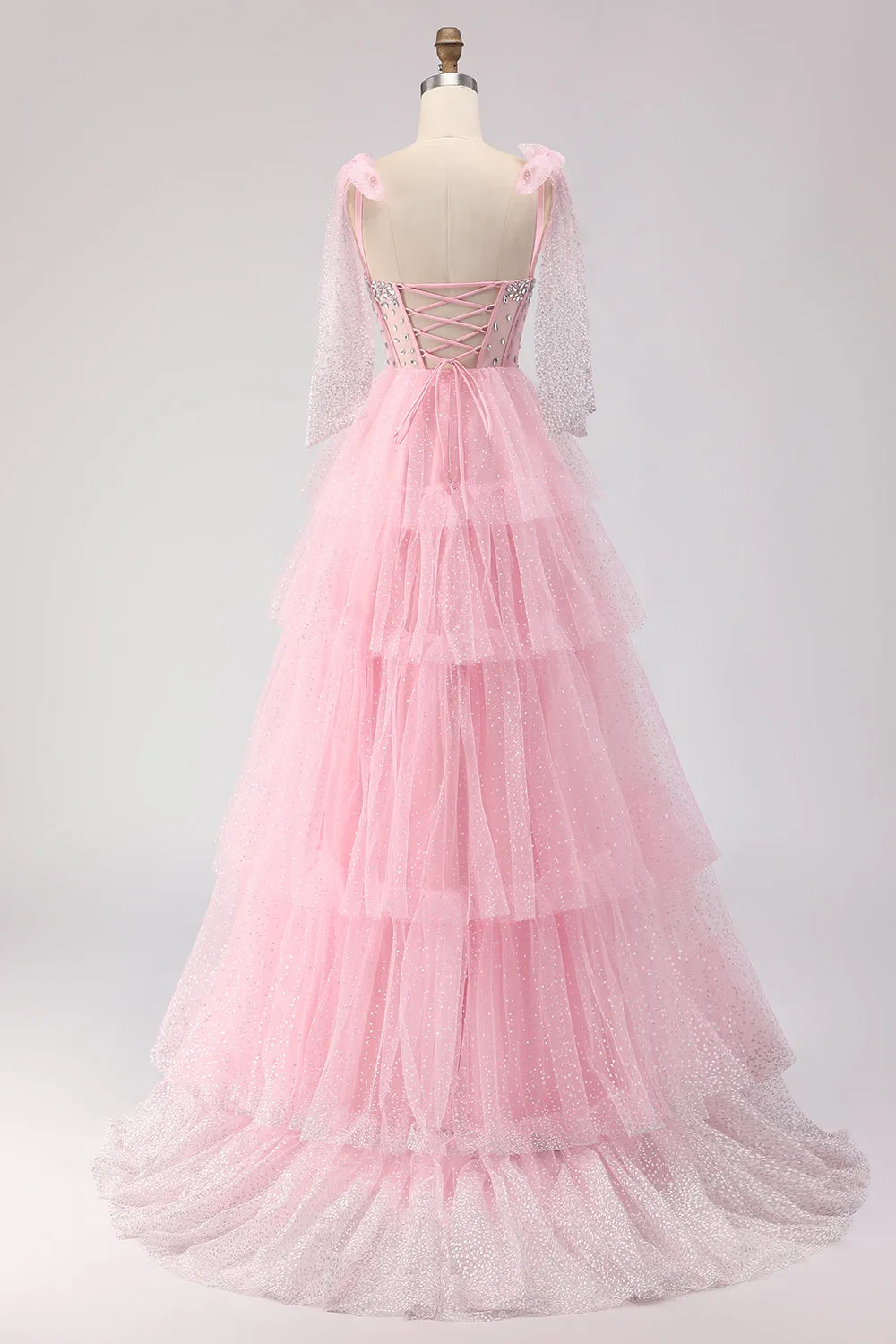 Pink A Line Corset Ruffled Beaded Long Prom Dress with Lace Up Back sold by Zapaka product image thumbnail 2