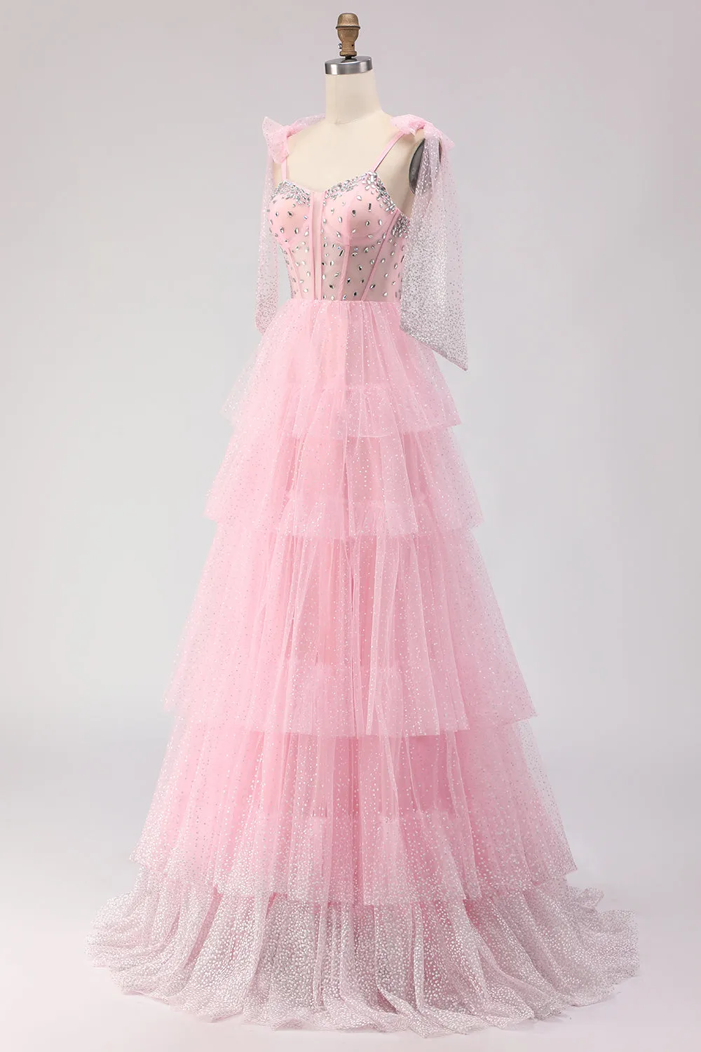 Pink A Line Corset Ruffled Beaded Long Prom Dress with Lace Up Back sold by Zapaka product image thumbnail 3