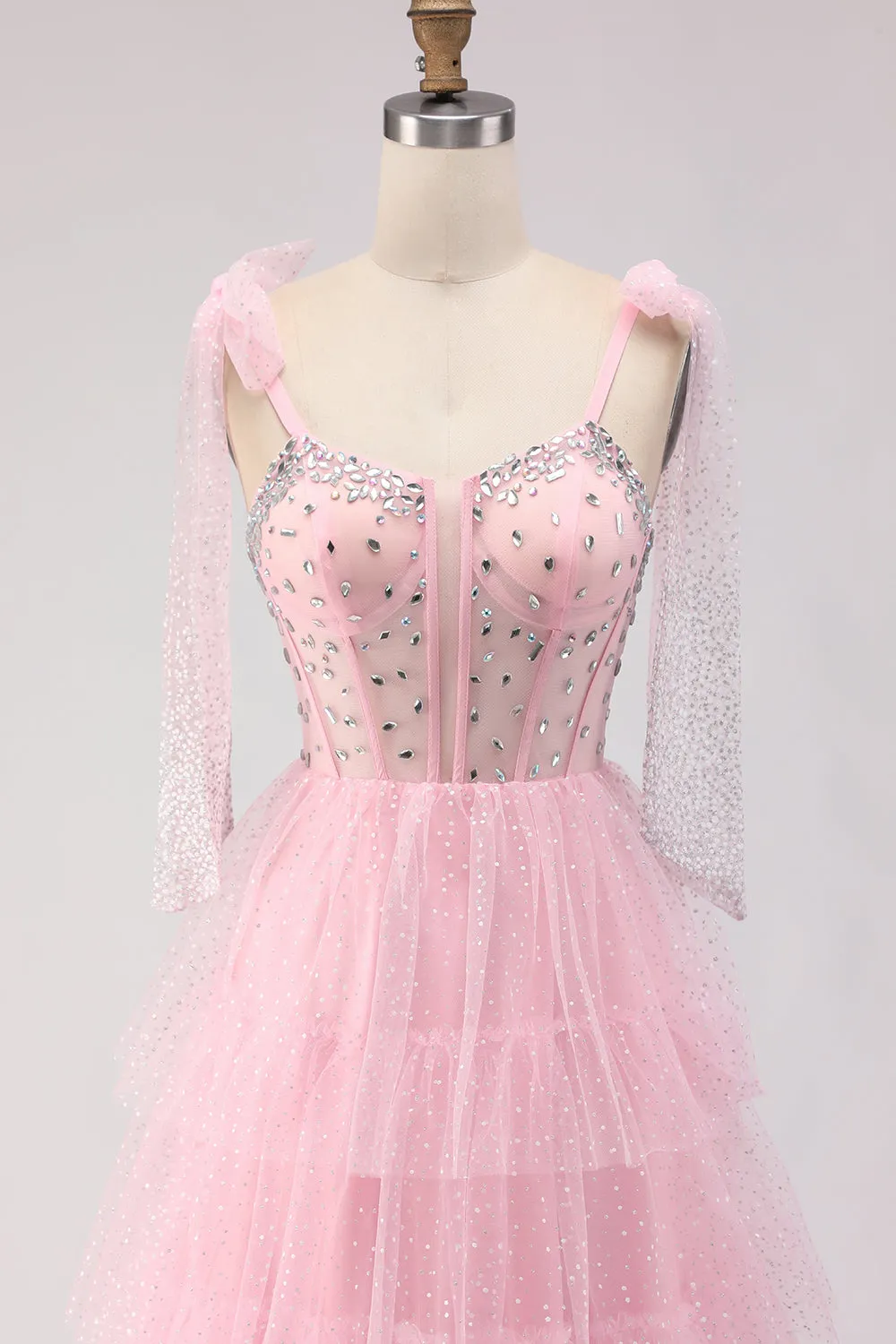 Pink A Line Corset Ruffled Beaded Long Prom Dress with Lace Up Back sold by Zapaka product image thumbnail 4