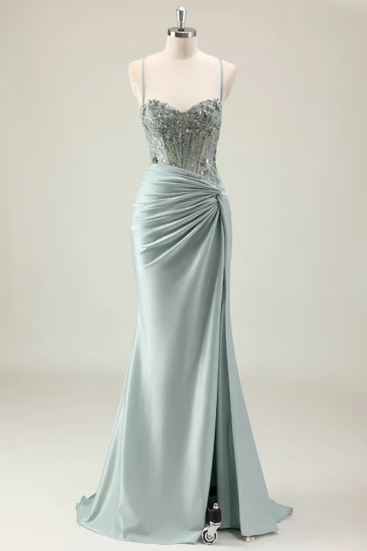 Sparkly Dusty Green Mermaid Sequins Spaghetti Straps Long Prom Dress with Slit sold by Zapaka