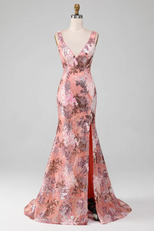Blush Sparkly Sequin Mermaid Long Prom Dress With Slit sold by Zapaka