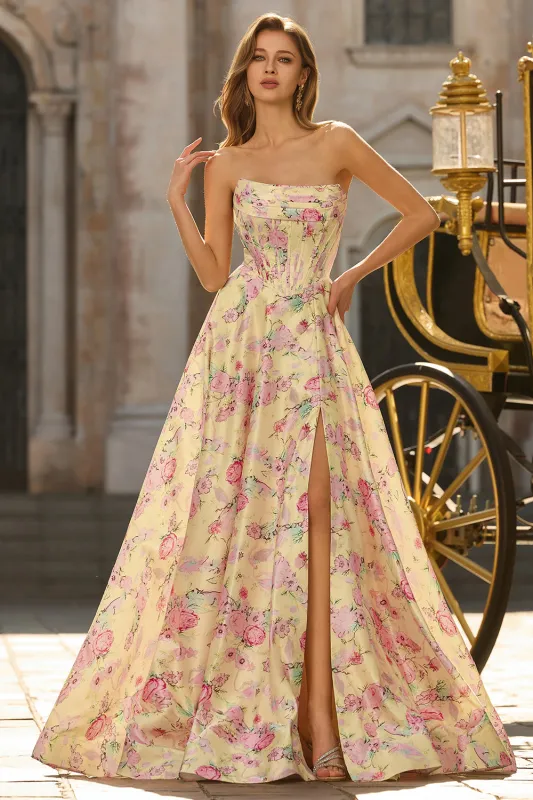 Yellow Pink Flowers A-Line Strapless Corset Backless Long Prom Dress with Slit sold by Zapaka