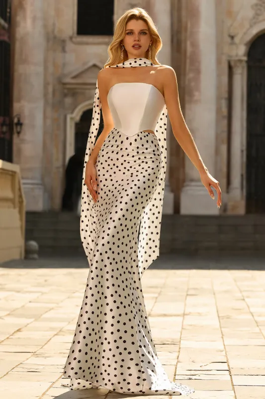White Black Dots Two-Piece Mermaid Satin Long Prom Dress with a Neck Scarf made by Zapaka