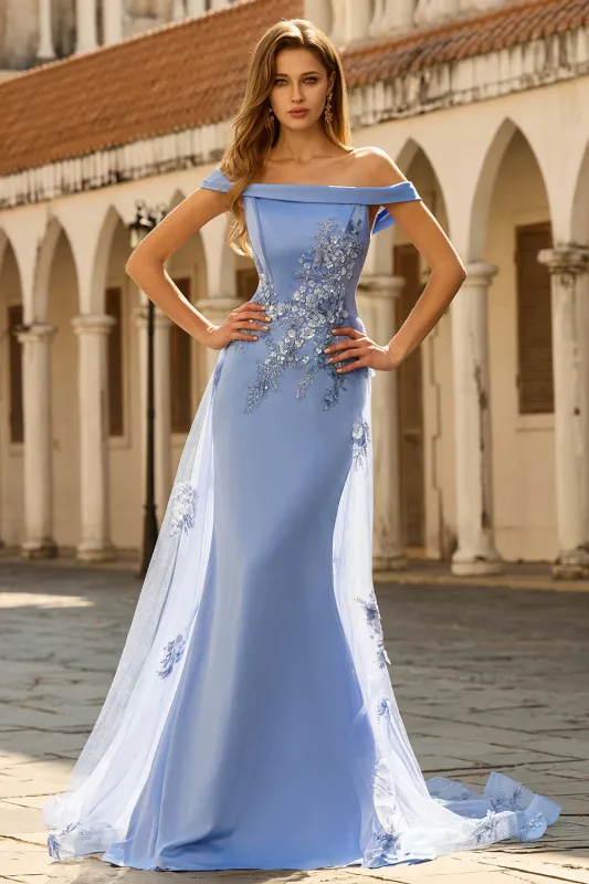 Grey Blue Mermaid Off the Shoulder Appliqued Mother of the Bride Dress with Sequins sold by Zapaka