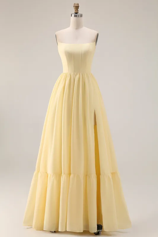 Lemon Sorbet Chiffon Strapless A-Line Corset Long Bridesmaid Dress with Slit sold by Zapaka
