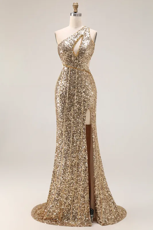 Sparkly One Shoulder Cut Out Mermaid Golden Sequin Long Prom Dress with Slit sold by Zapaka