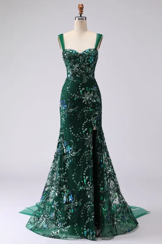 Dark Green Mermaid Sequin Lace Up Back Long Prom Dress with Slit made by Zapaka