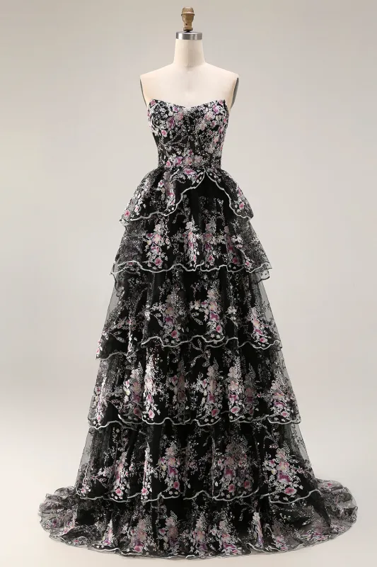 Black Pink Flower A-Line Strapless Tiered Sequin Long Prom Dress with Lace Up Back made by Zapaka