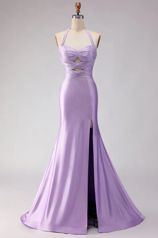 Mermaid Lilac Beaded Halter Cut Out Long Prom Dress with Slit sold by Zapaka