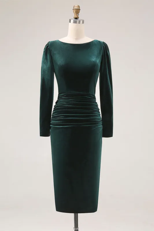 Dark Green Sheath Velvet Ruched Midi Work Dress with Long Sleeve made by Zapaka