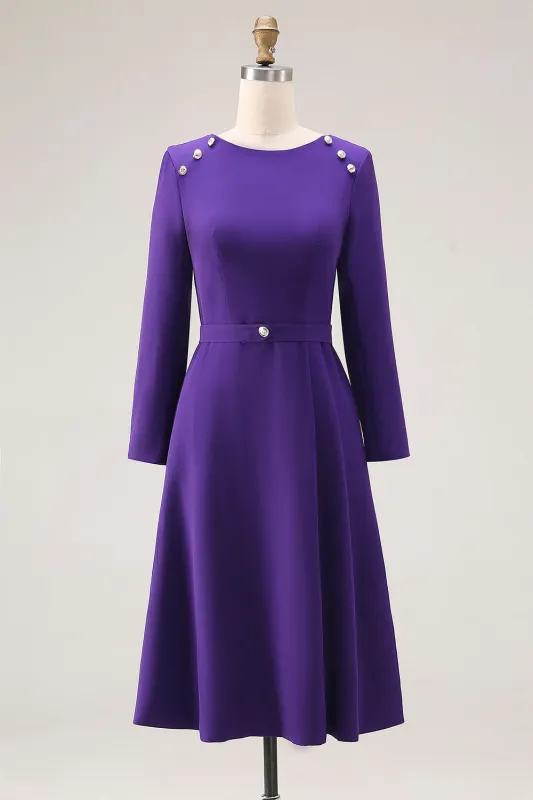 Purple A Line Boat Neck Long Sleeve Work Dress sold by Zapaka