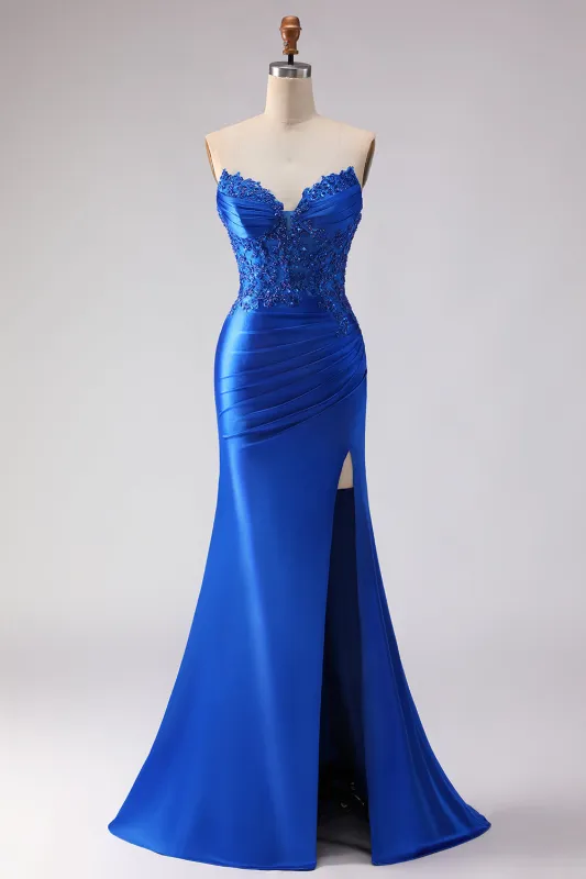 Royal Blue Strapless Mermaid Beaded Satin Long Prom Dress with Slit sold by Zapaka