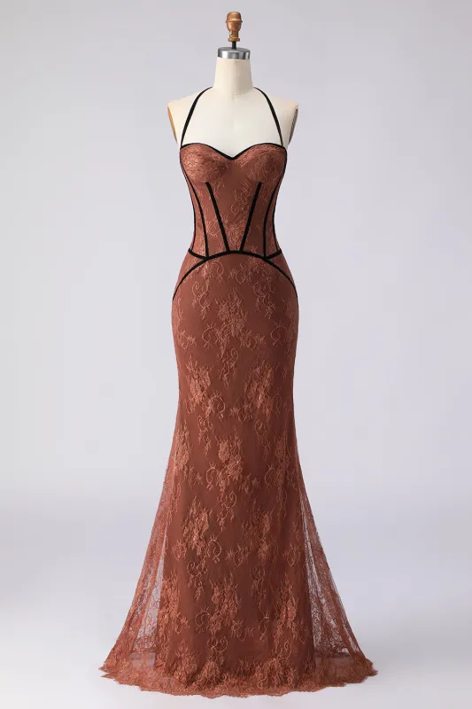Halter Mermaid Brown Long Prom Dress with Lace sold by Zapaka