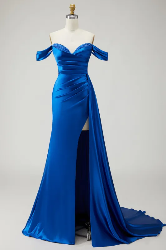 Mermaid Off the Shoulder Beaded Pleated Satin Royal Blue Long Prom Dress with Slit sold by Zapaka
