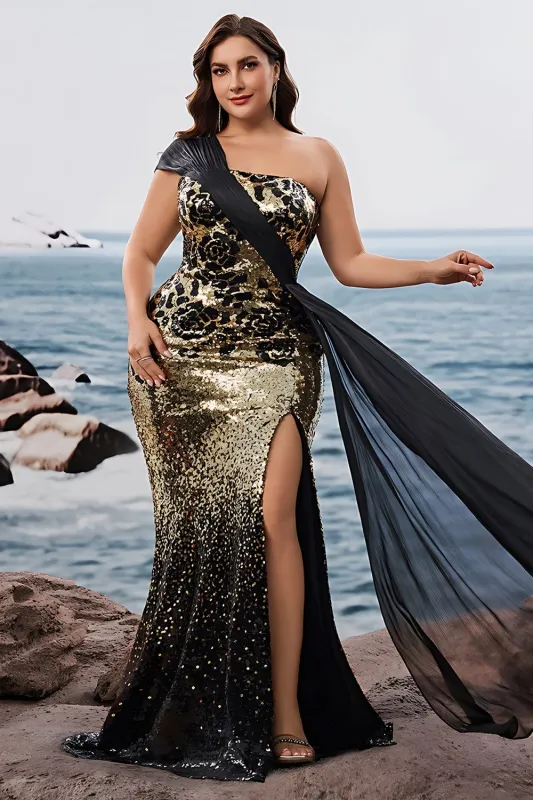 Saprkly Black Golden Mermaid One Shoulder Long Evening Dress with Slit sold by Zapaka