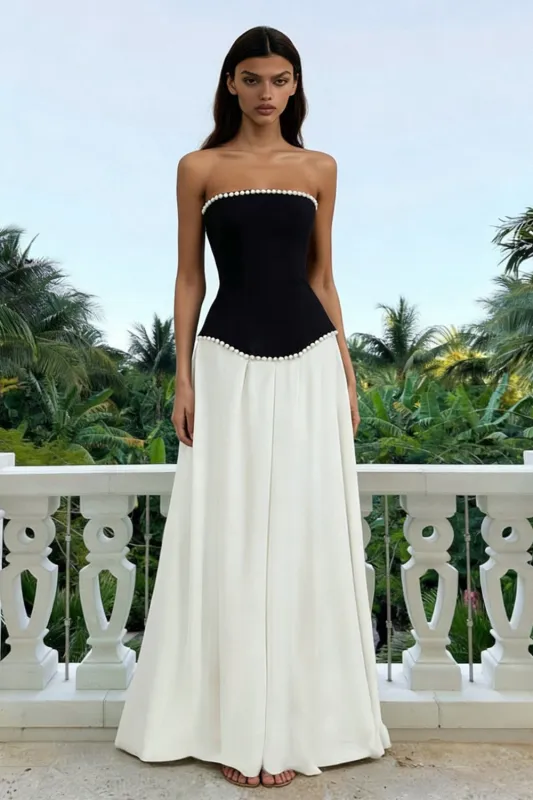 Strapless Black and White A Line Formal Dress with Pearls sold by Zapaka