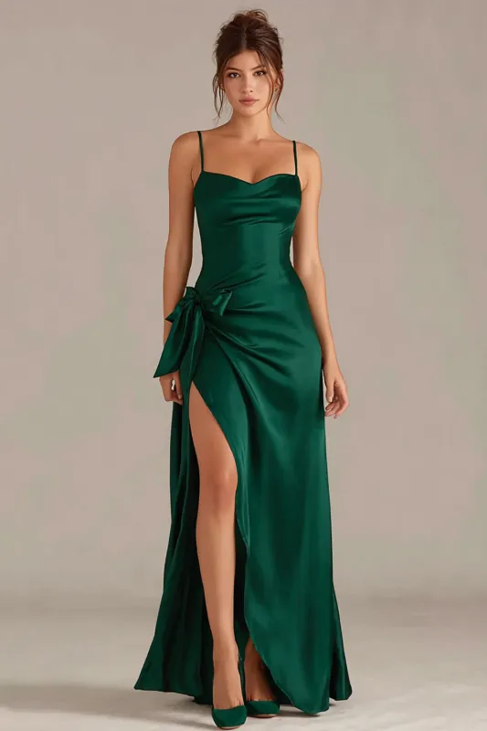Dark Green Satin Spaghetti Straps Sheath Long Formal Dress with Slit sold by Zapaka