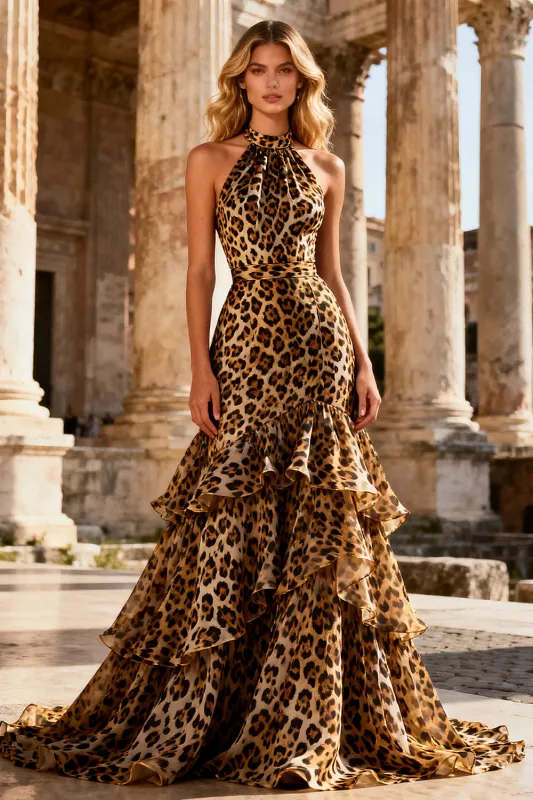 Halter Mermaid Khaki Leopard Ruffled Backless Long Prom Dress sold by Zapaka