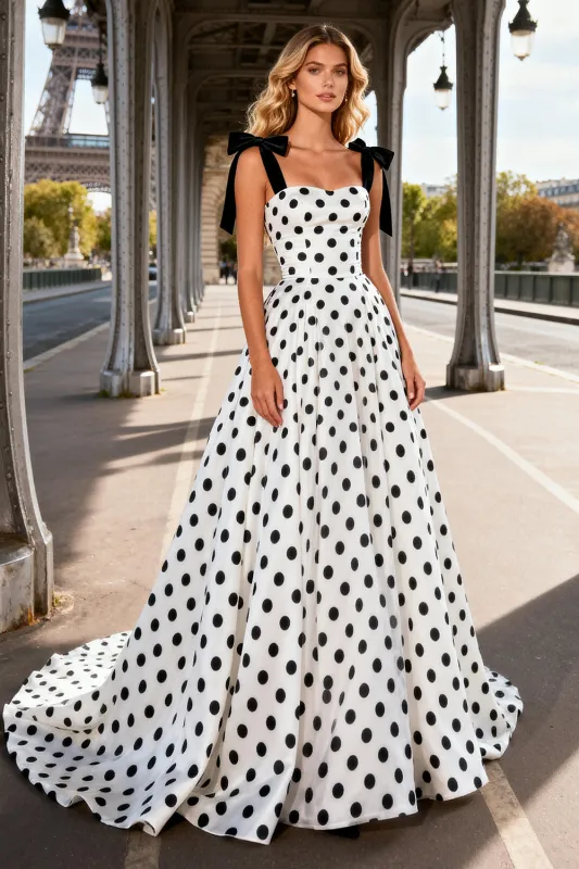 Black and White Polka Dot Satin A Line Long Prom Dress made by Zapaka