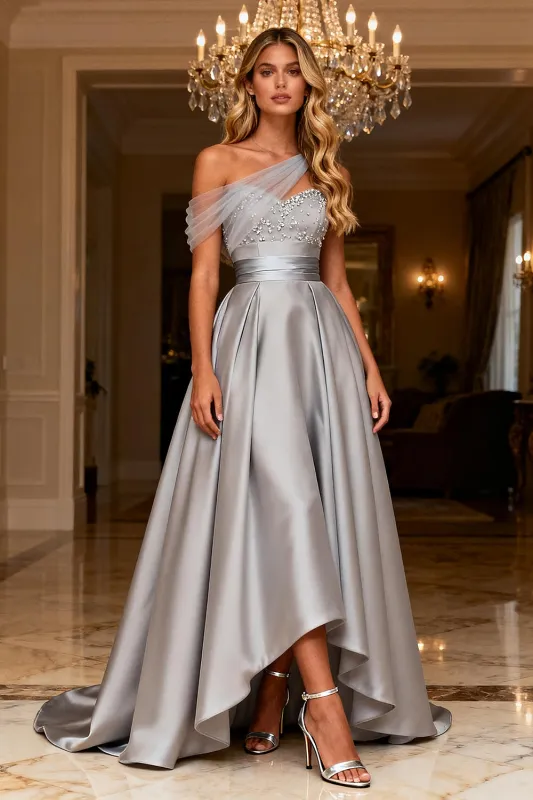 Grey A Line Satin High-Low Long Prom Dress with Beading made by Zapaka