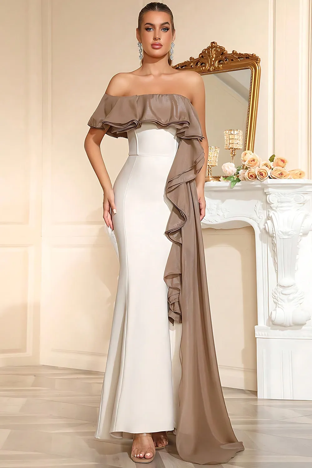 One Shoulder White Mermaid Ruffled Prom Dress with Side Drape sold by Zapaka product image thumbnail 4