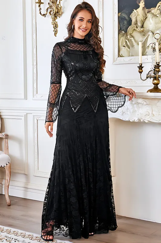 Lace Beaded Black Long Sleeve Mother of the Bride Dress made by Zapaka