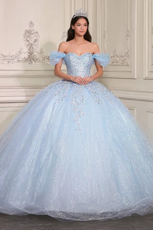 Sky Blue Off The Shoulder Ball-Gown Appliqued Quinceanera Dress sold by Zapaka