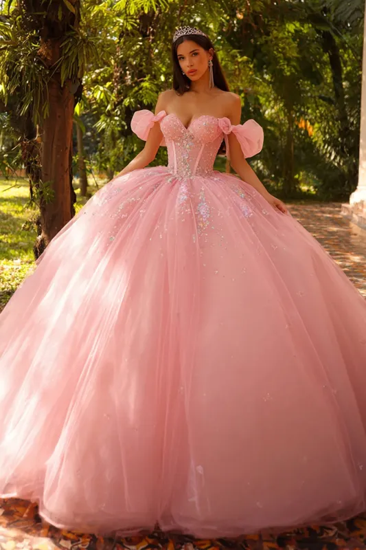 Sparkly Off The Shoulder Pink Ball-Gown Quinceanera Dress sold by Zapaka