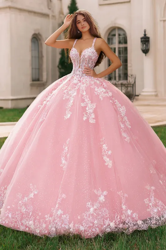 Pink Spaghetti Straps Ball-Gown Appliqued Quinceanera Dress made by Zapaka