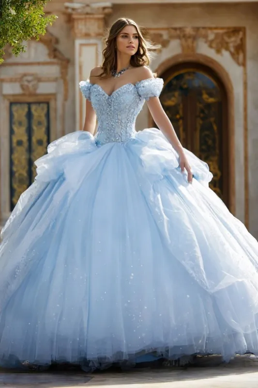 Off The Shoulder Blue Ball-Gown Appliqued Ruffled Quinceanera Dress sold by Zapaka