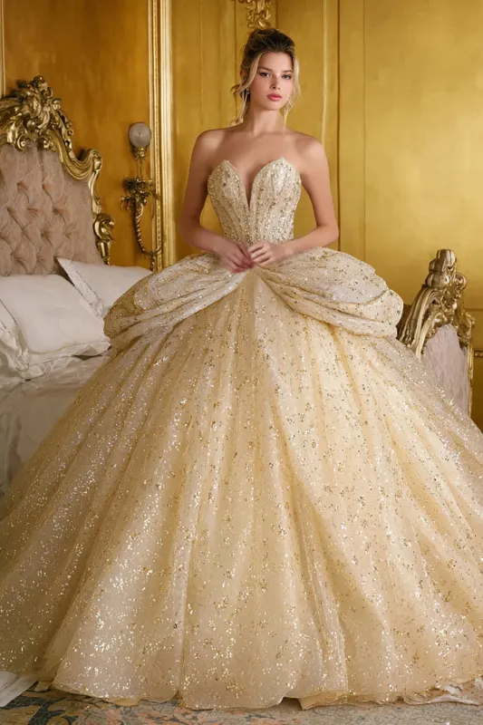 Sparkly Gold Strapless Ball-Gown Quinceanera Dress sold by Zapaka