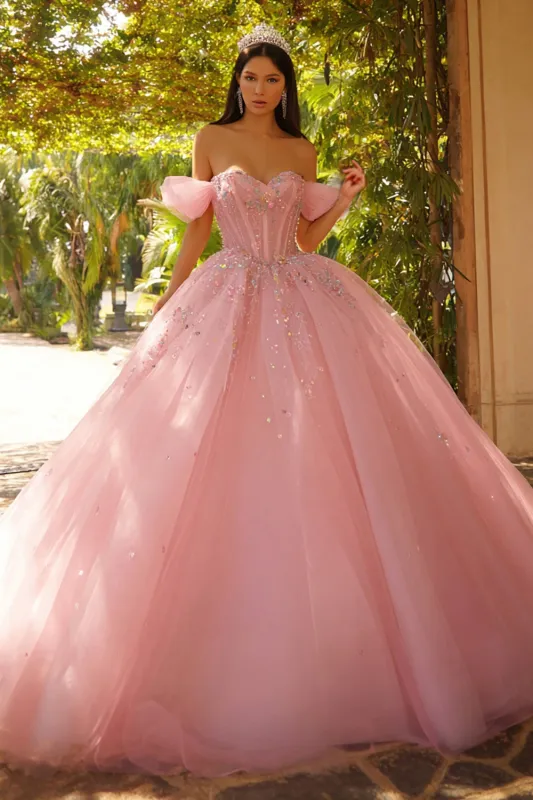 Sparkly Pink Off The Shoulder Corset Ball-Gown Quinceanera Dress sold by Zapaka