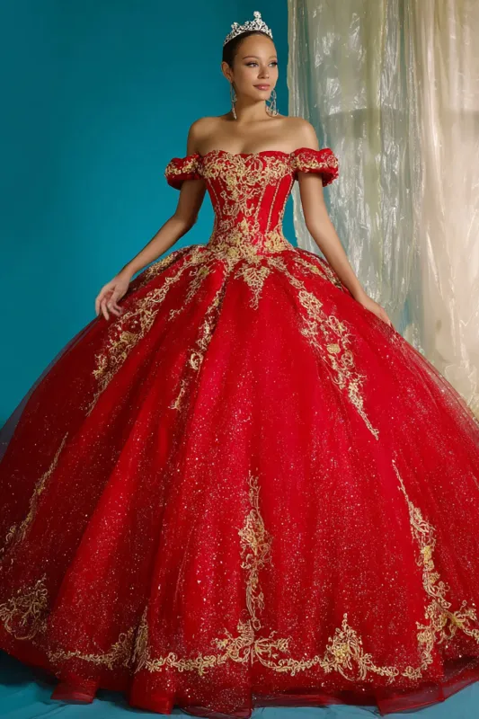Red Off The Shoulder Ball-Gown Appliqued Quinceanera Dress made by Zapaka