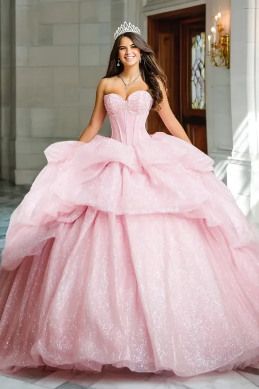 Sparkly Strapless Corset Ruffled Quinceanera Dress sold by Zapaka